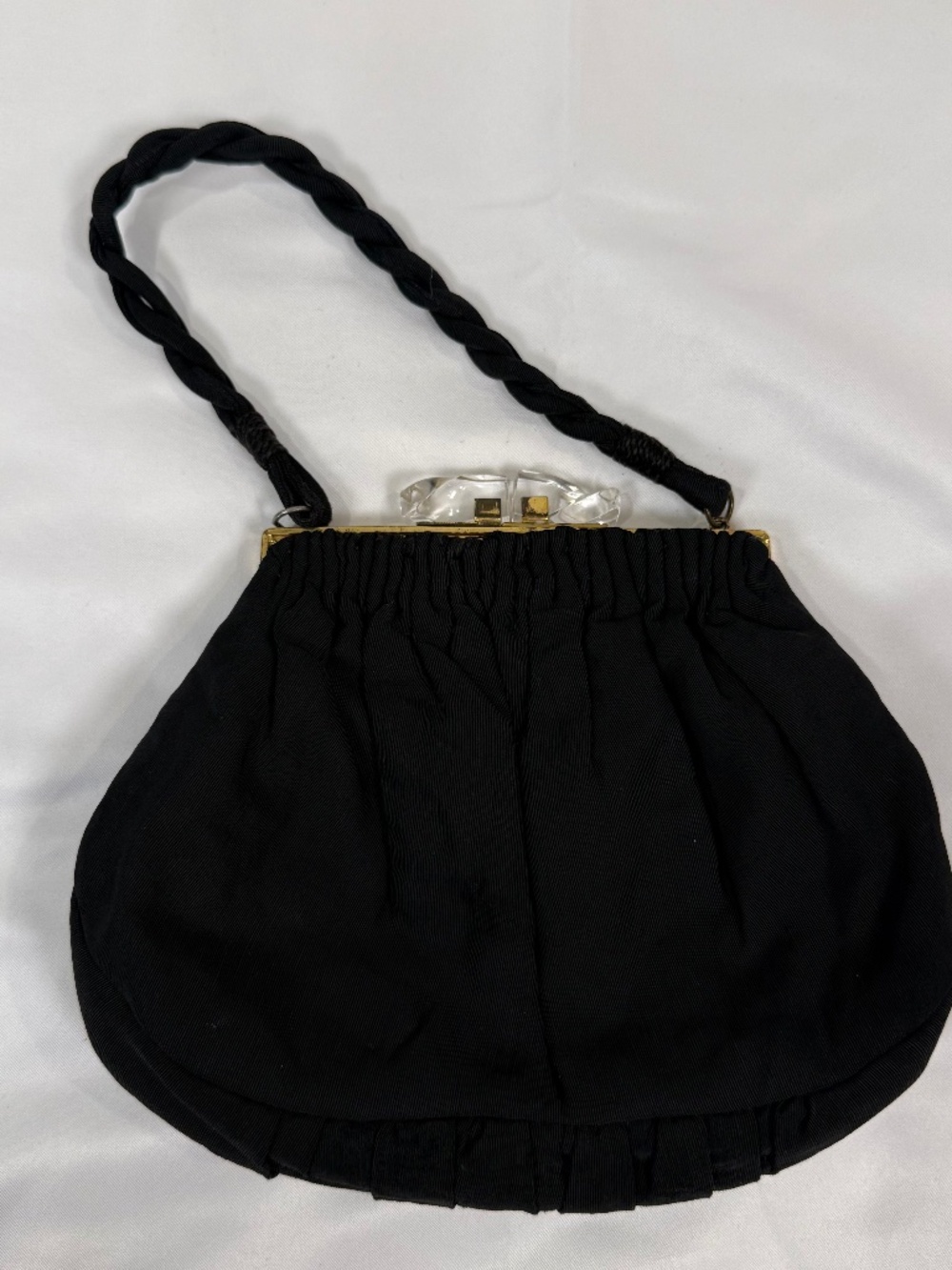 Vintage 1950s Black Faille Evening Bag Lucite Clasp Pleated Cocktail Purse